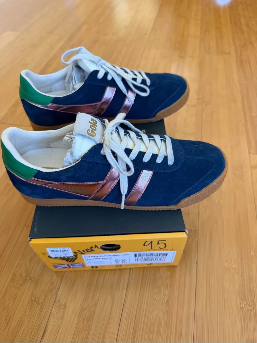 Gola Navy Suede Sneakers with Copper Stripes and Green Heel Tab